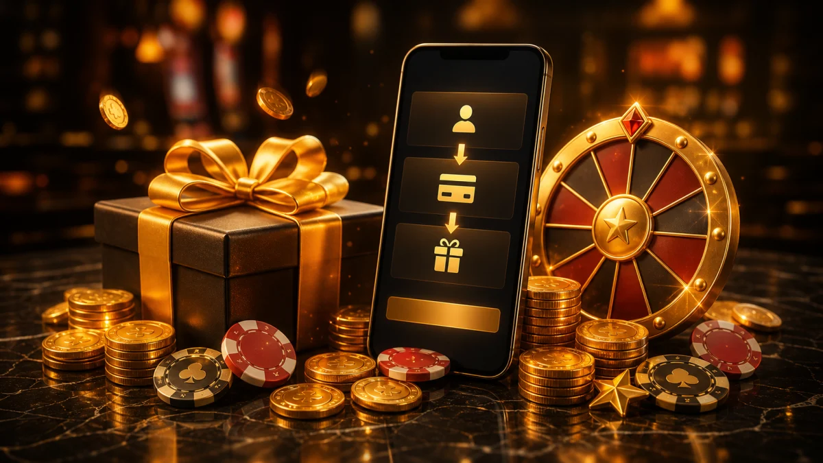 Celular, presente, moedas e fichas simbolizando cadastro e bônus de cassino